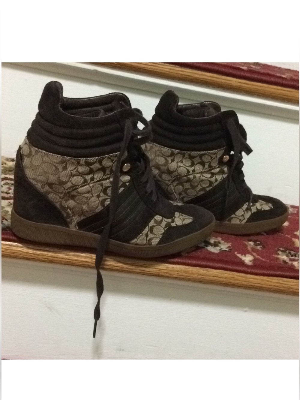 Coach Brown Logo Wedge Sneakers with Dark Suede Trim